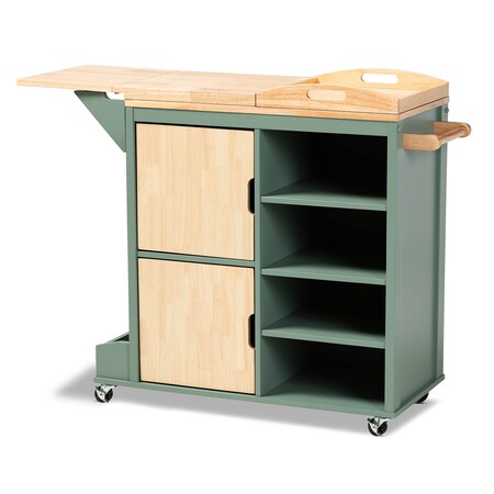 Baxton Studio Dorthy Dark Green and Natural Wood Kitchen Storage Cart 163-10440